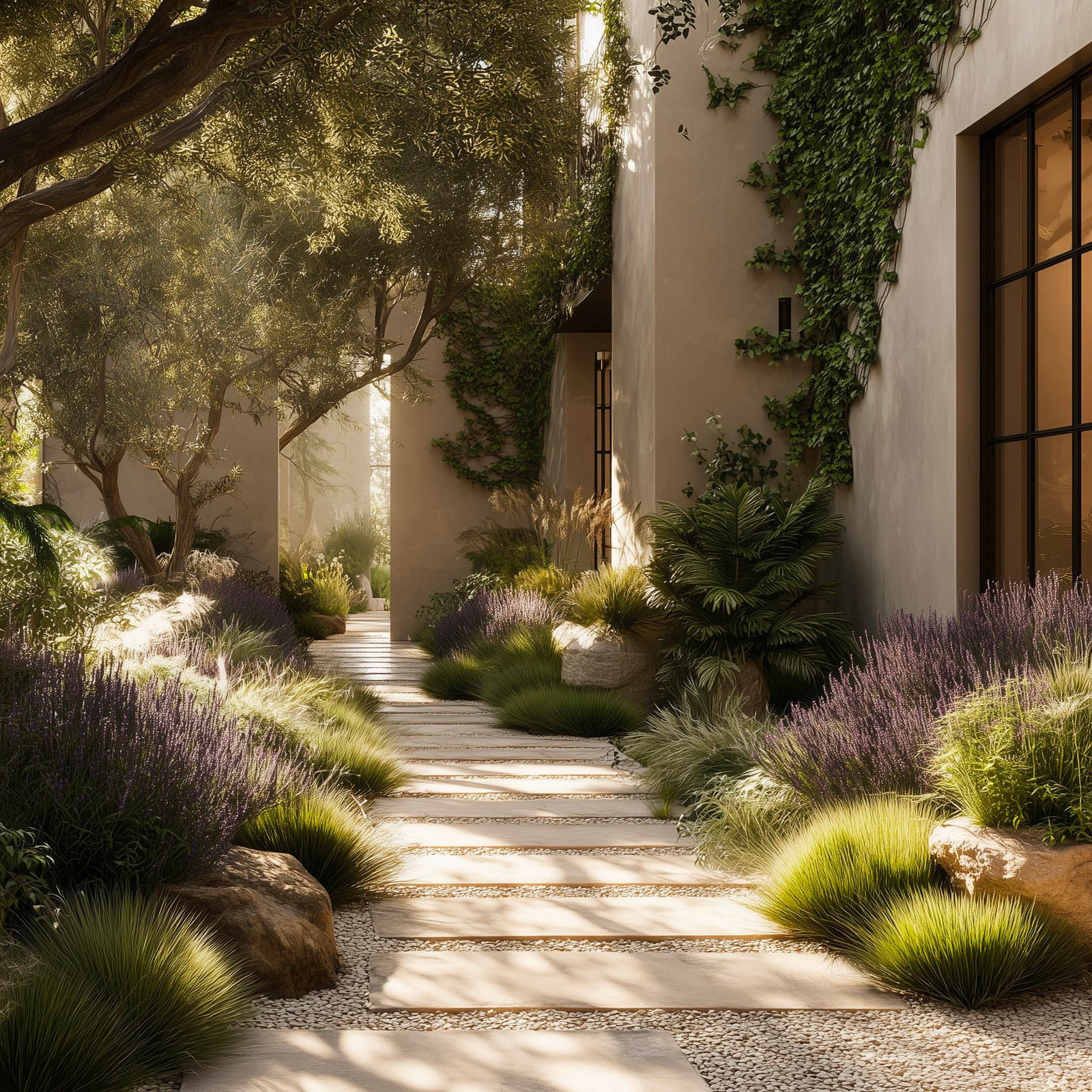 Architectural garden structured by a sculptural tree and aromatic plants, illustrating botanical intelligence and spatial organization.